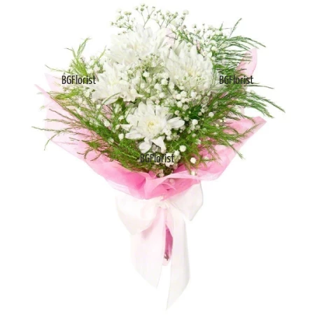 Send bouquet of white chrysanthemums and greenery