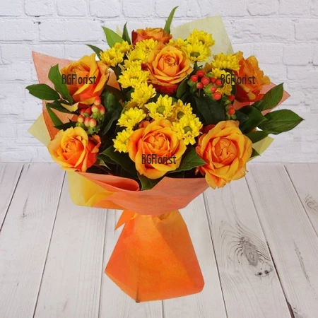 Send bouquet of roses and chrysanthemums by courier