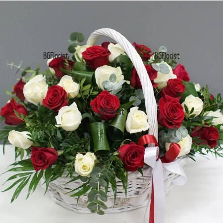 Send a basket with red and white roses