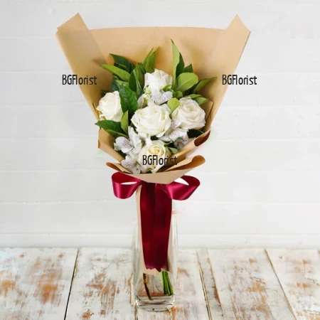 Delivery of a bouquet of white roses and flowers